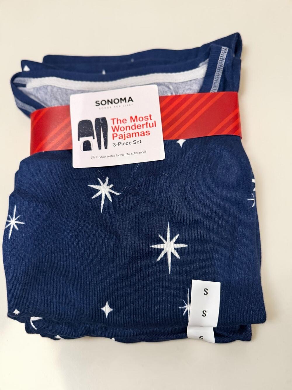 Sonoma Most Wonderful Pajamas 3 Piece Set Navy Stars Christmas Size S NWT